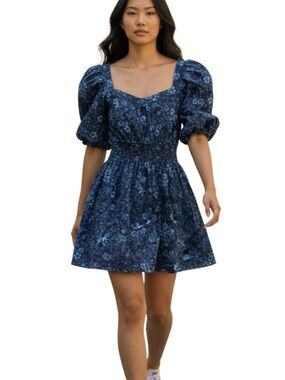 Old Navy Navy Floral Puff-Sleeve Mini Dress